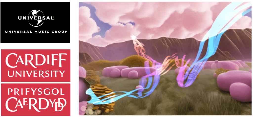 A calming Melody VR landscape with ribbons of light