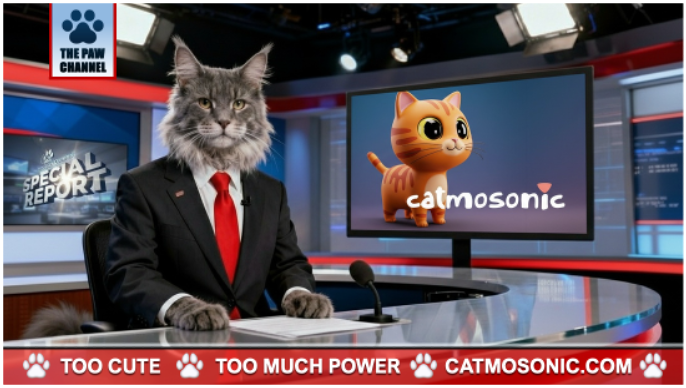 Catmosonic's generative-AI marketing — a cat news anchor on 'The Paw Channel'